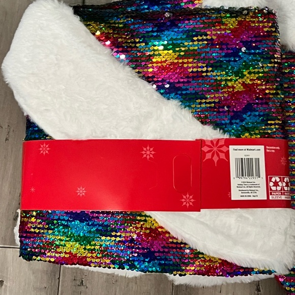 - NEW Holiday Time Christmas tree skirt rainbow sequence with 2 matching s… - Picture 4 of 7